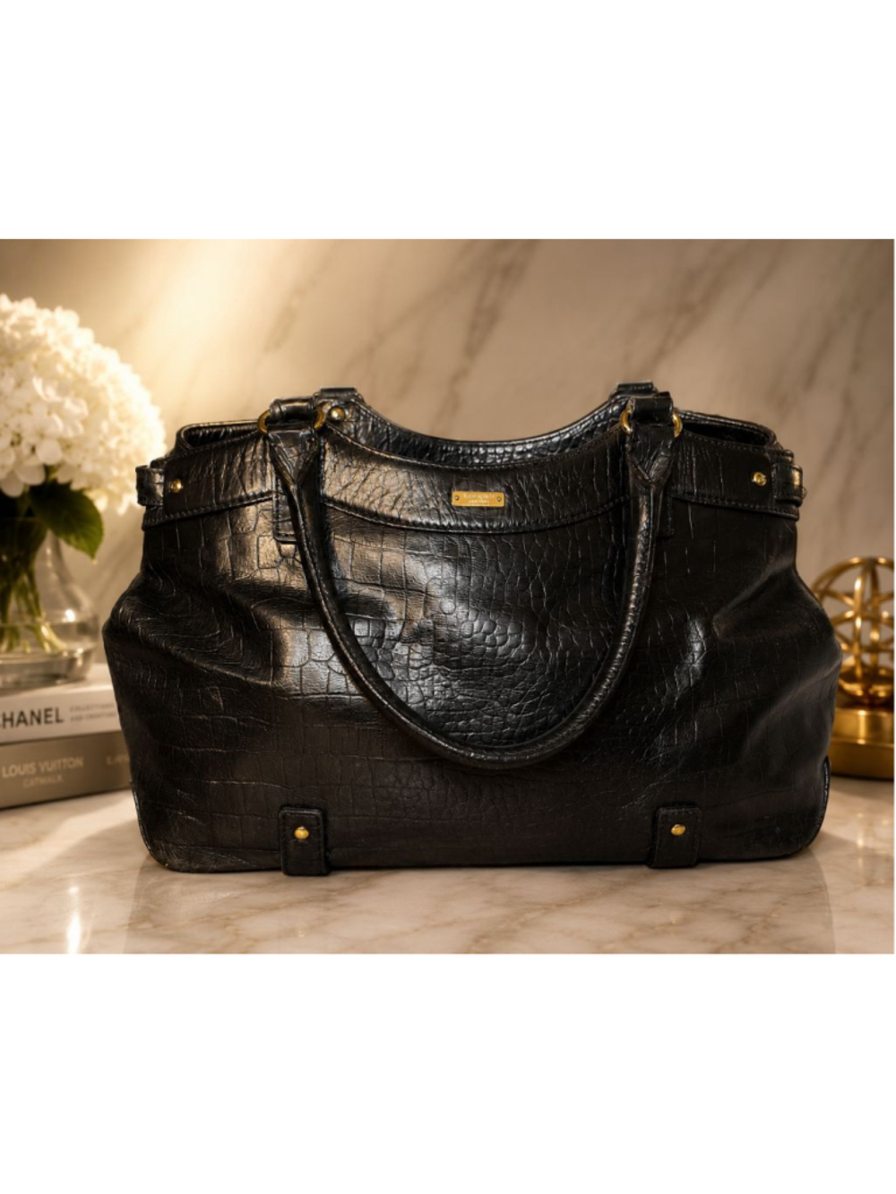 Kate Spade Black Croc Embossed Leather Large Tote Bag